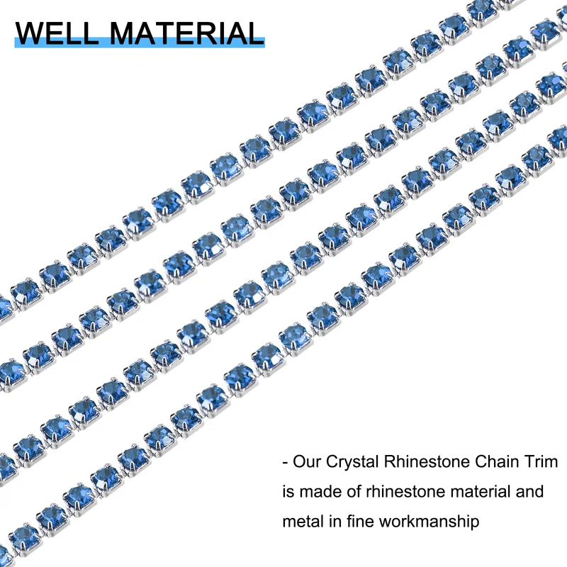 11 Yards Crystal Rhinestone Chain, 2mm Close Claw Chain Trim Light Blue