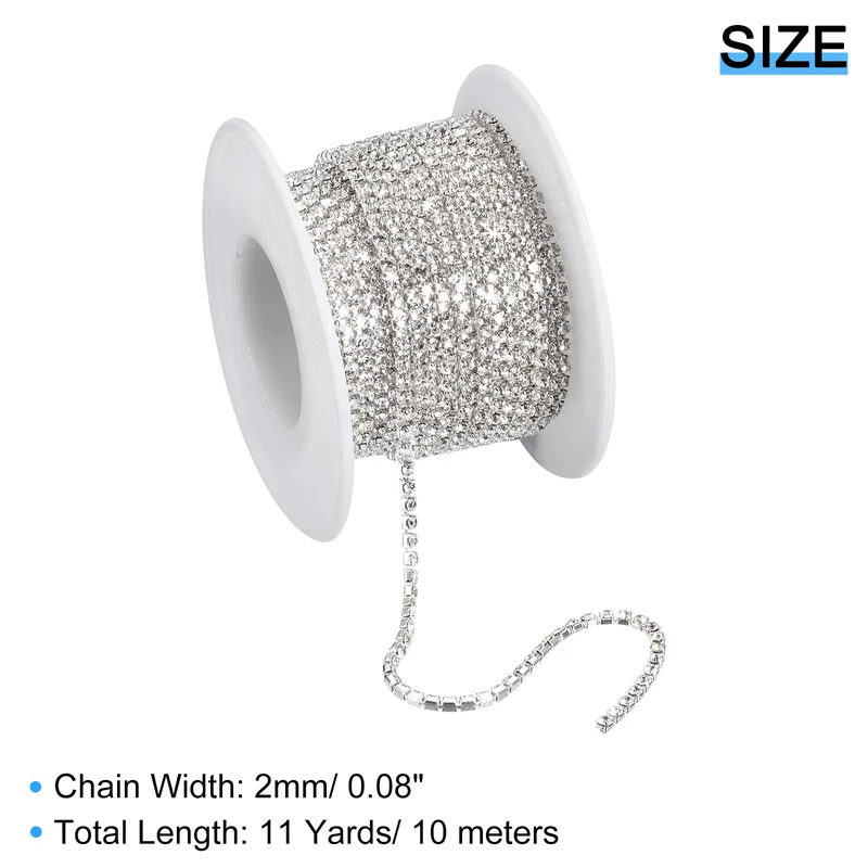 11 Yards Crystal Rhinestone Chain, 2mm Close Claw Chain Trim White