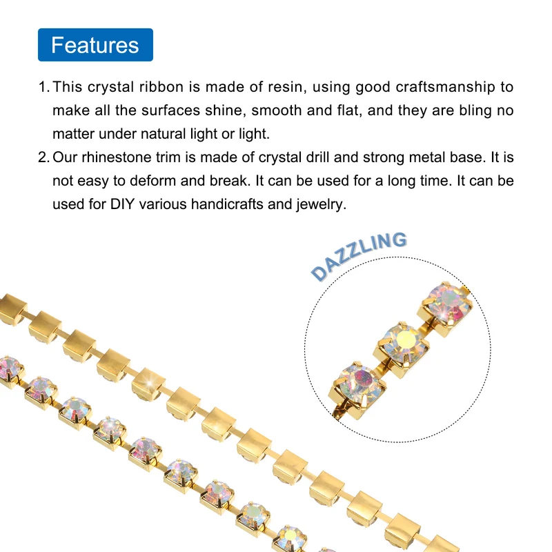 2 Yard 8mm Crystal Rhinestone Diamond Close Chain Trim Gold White Colorful