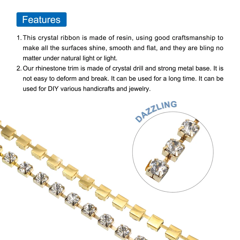2 Yard 8mm Crystal Rhinestone Diamond Close Chain Trim Silver Gold