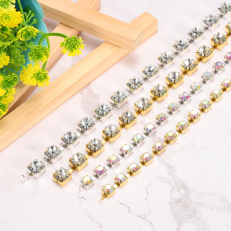 2 Yard 8mm Crystal Rhinestone Diamond Close Chain Trim Silver Gold