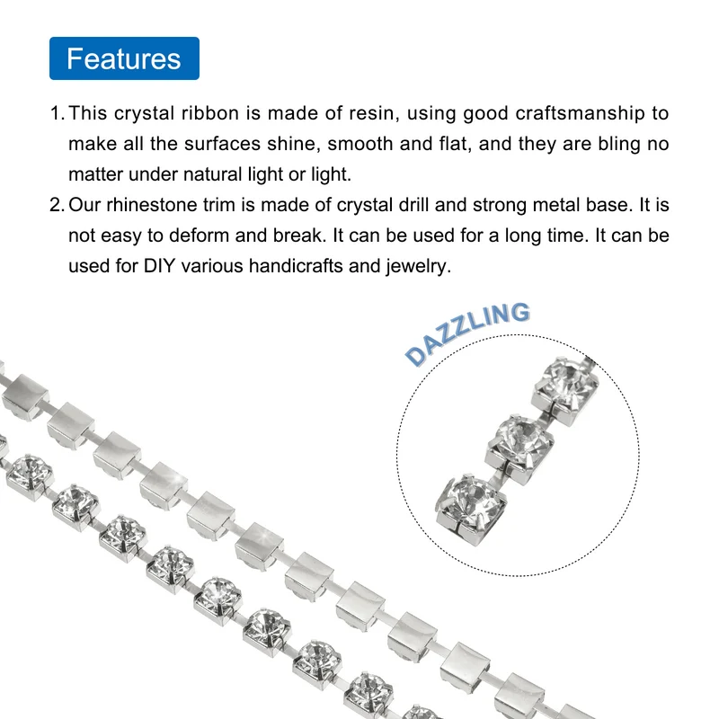 2 Yard 8mm Crystal Rhinestone Diamond Close Chain Trim Silver White