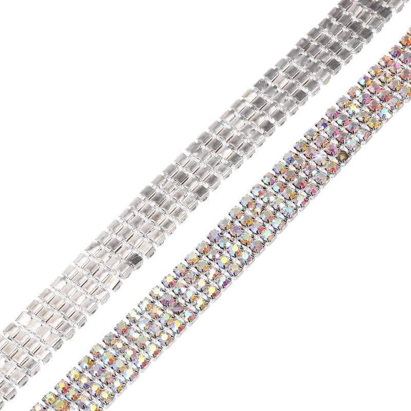 1 Yard 4mm 4 Row Crystal Rhinestone Diamond Chain Trim Silver Colorful White