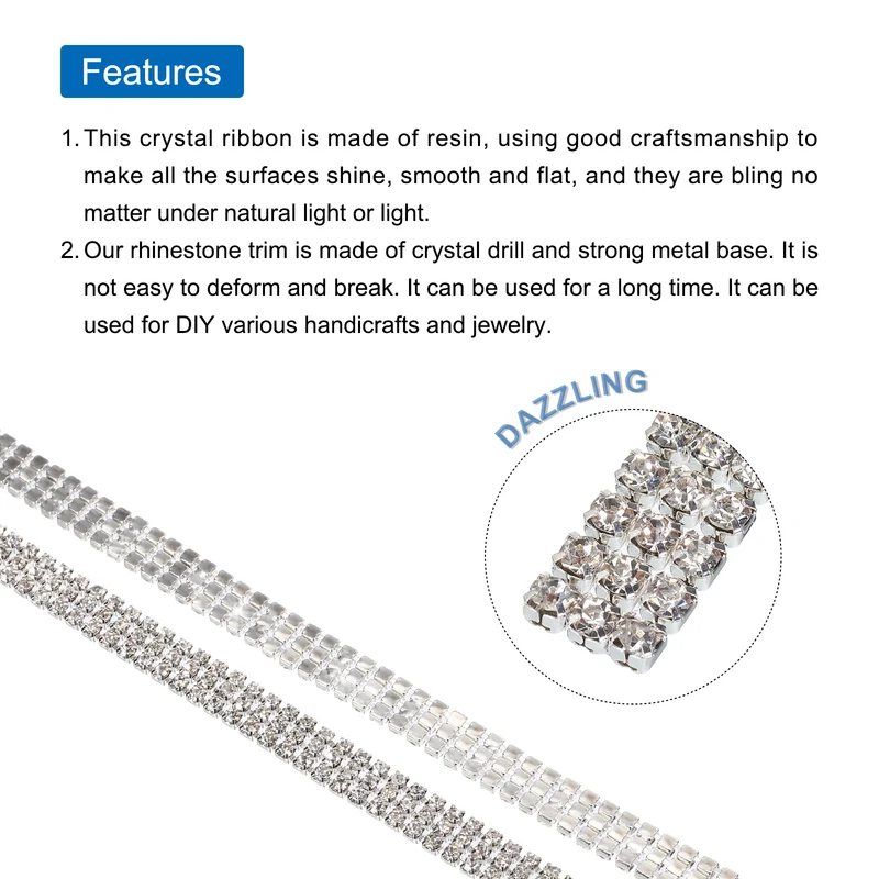 2 Yard 3mm 3 Rows Crystal Rhinestone Diamond Close Chain Trim White