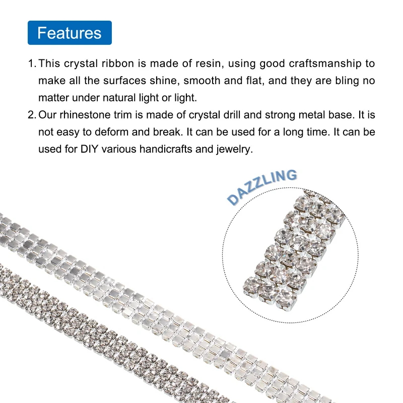 2 Yard 4mm 3 Rows Crystal Rhinestone Diamond Close Chain Trim White