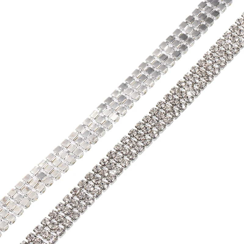 1 Yard 4mm 3 Rows Crystal Rhinestone Diamond Close Chain Trim Silver White