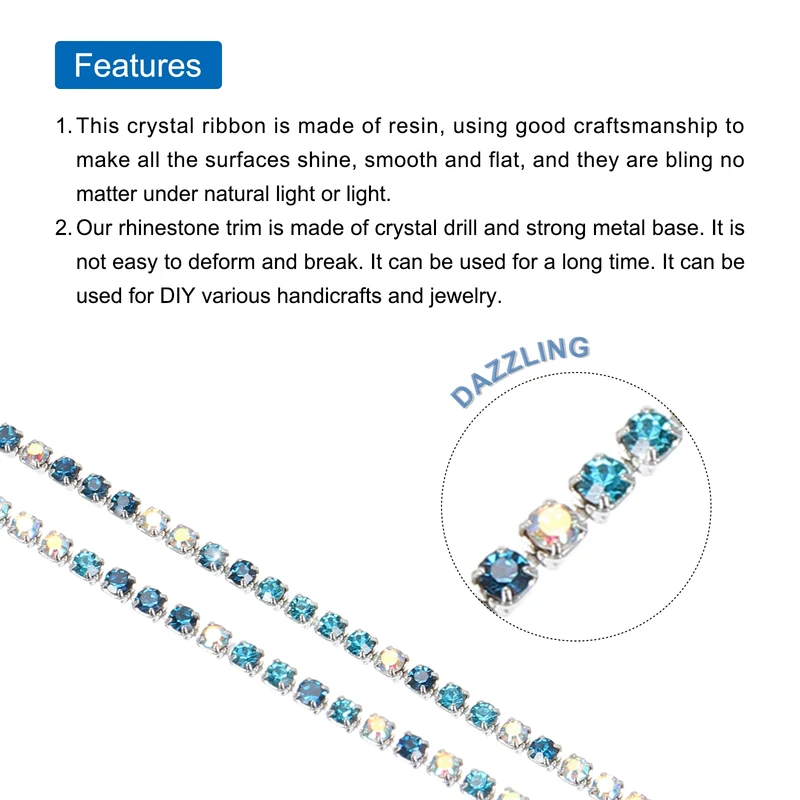 11 Yard 2mm Crystal Rhinestone Diamond Chain Blue Lake Blue