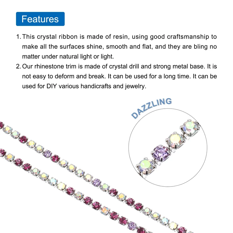 11 Yard 2mm Crystal Rhinestone Diamond Chain Purple Red Purple