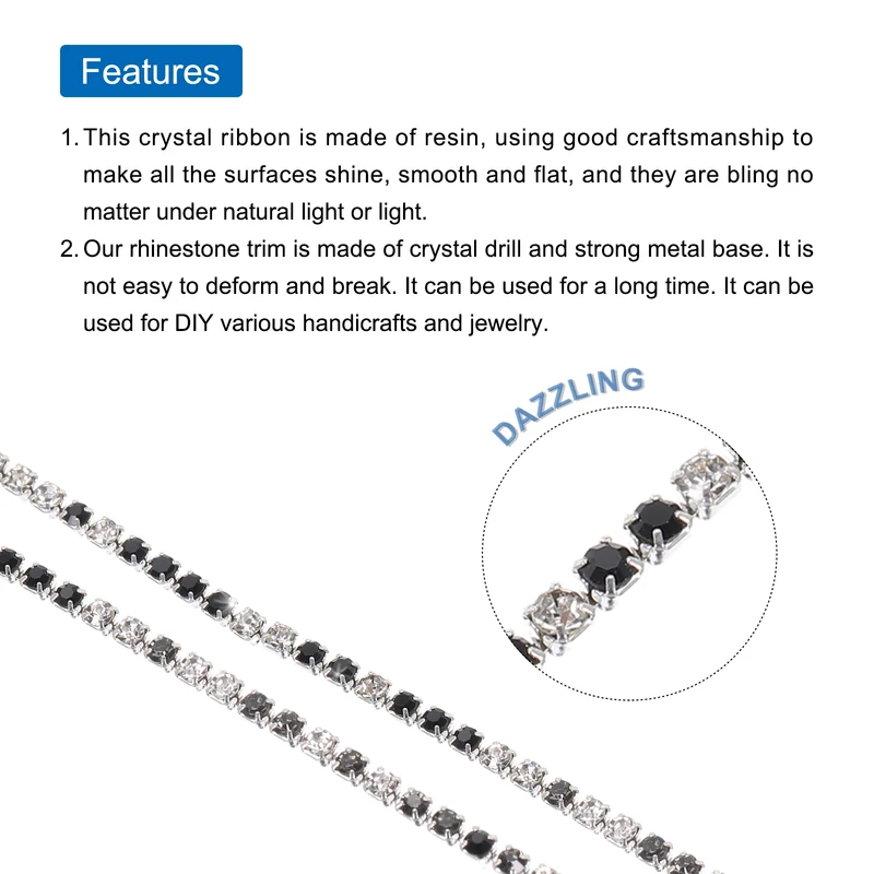 11 Yard 2mm Crystal Rhinestone Diamond Chain Black Gray White
