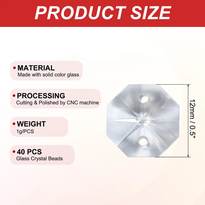 K9 Crystal Octagon Beads 2 Holes Pendants, 40 Pack 12mm, Clear