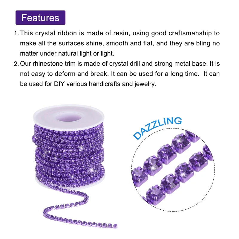 10 Yard 4mm Crystal Rhinestone Diamond Close Chain Trim Purple