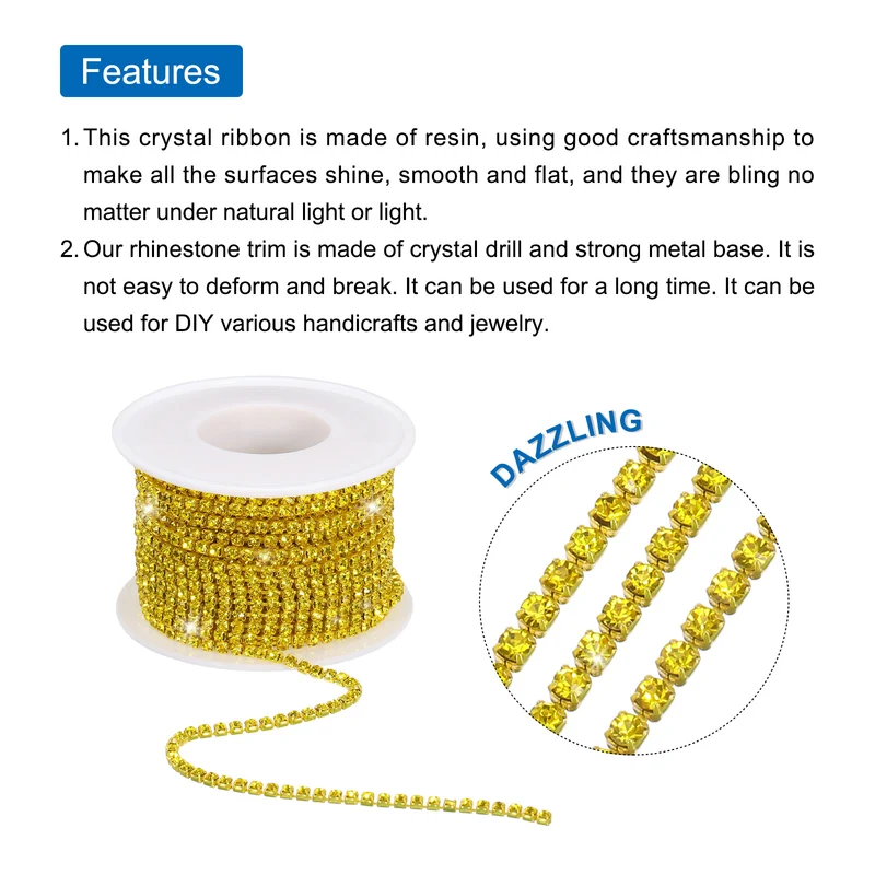 10 Yard 2.5mm Crystal Rhinestone Chain Yellow Gems Yellow Base