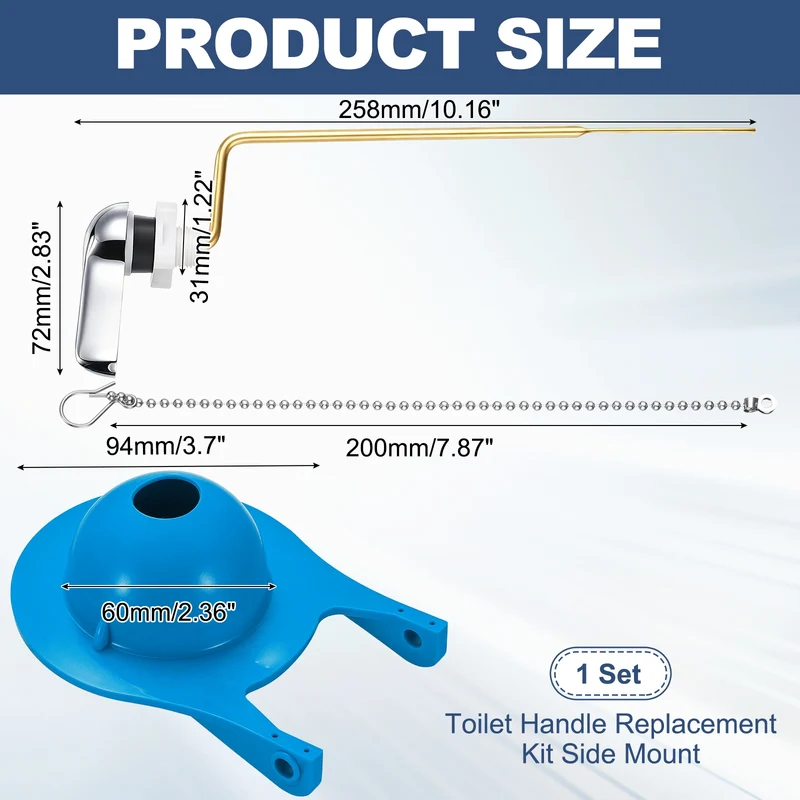 Toilet Handle Replacement Kit Side Mount Zinc Alloy, 94mm Flapper, Blue