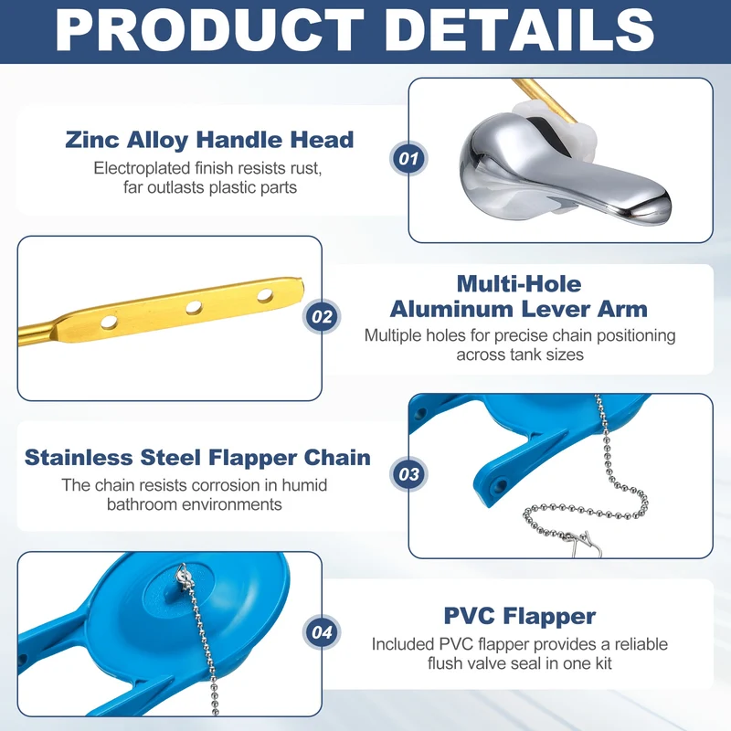 Toilet Handle Replacement Kit Side Mount Zinc Alloy, 94mm Flapper, Blue