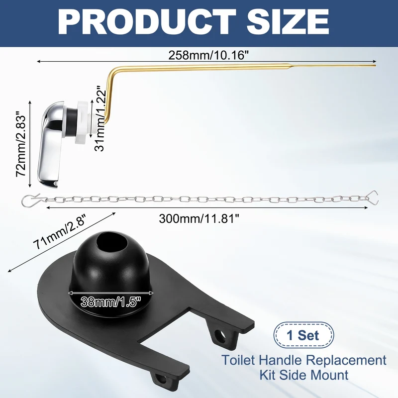 Toilet Handle Replacement Kit Side Mount Zinc Alloy, 71mm Flapper, Black