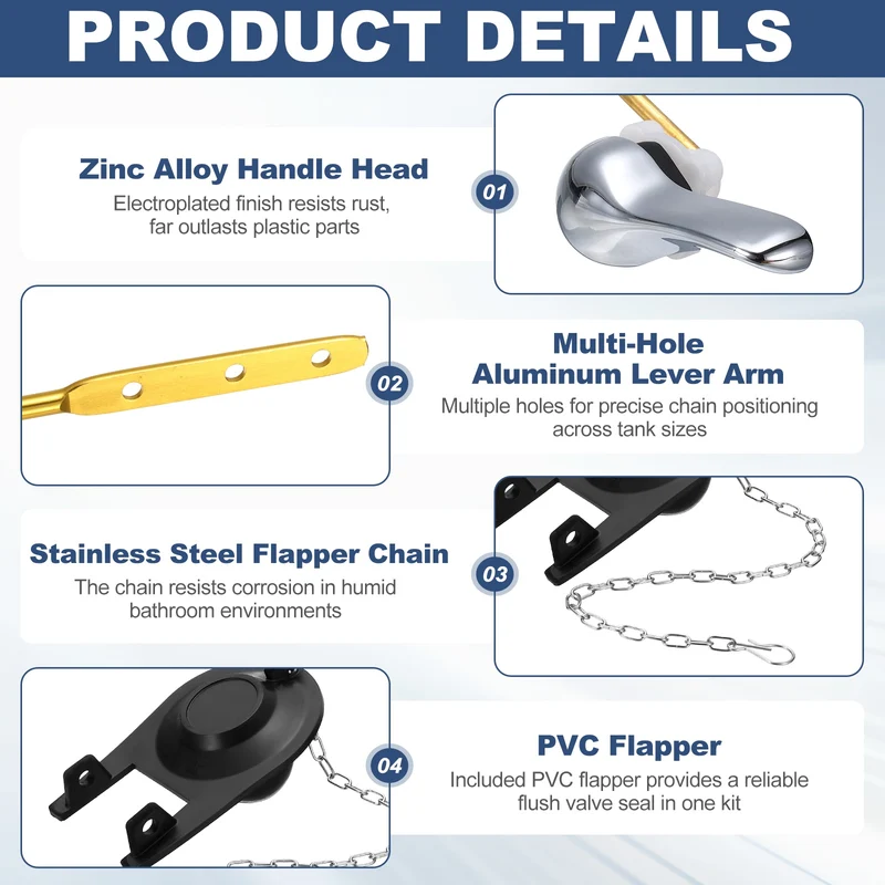 Toilet Handle Replacement Kit Side Mount Zinc Alloy, 71mm Flapper, Black