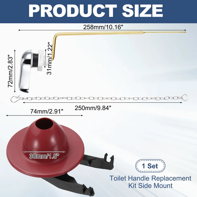 Toilet Handle Replacement Kit Side Mount Zinc Alloy, 74mm Flapper, Red Black