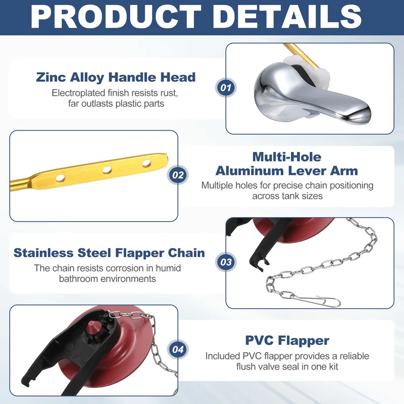 Toilet Handle Replacement Kit Side Mount Zinc Alloy, 74mm Flapper, Red Black