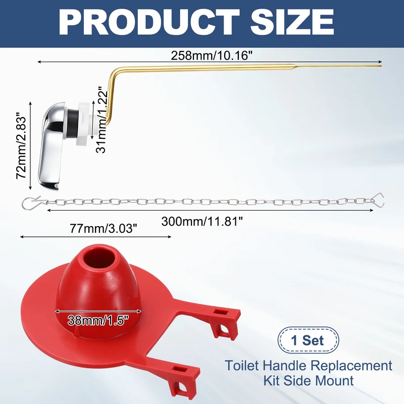 Toilet Handle Replacement Kit Side Mount Zinc Alloy, 77mm Flapper, Red