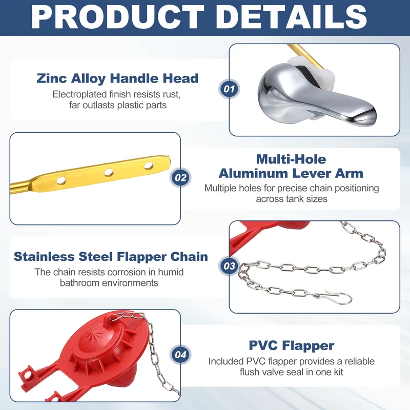 Toilet Handle Replacement Kit Side Mount Zinc Alloy, 77mm Flapper, Red