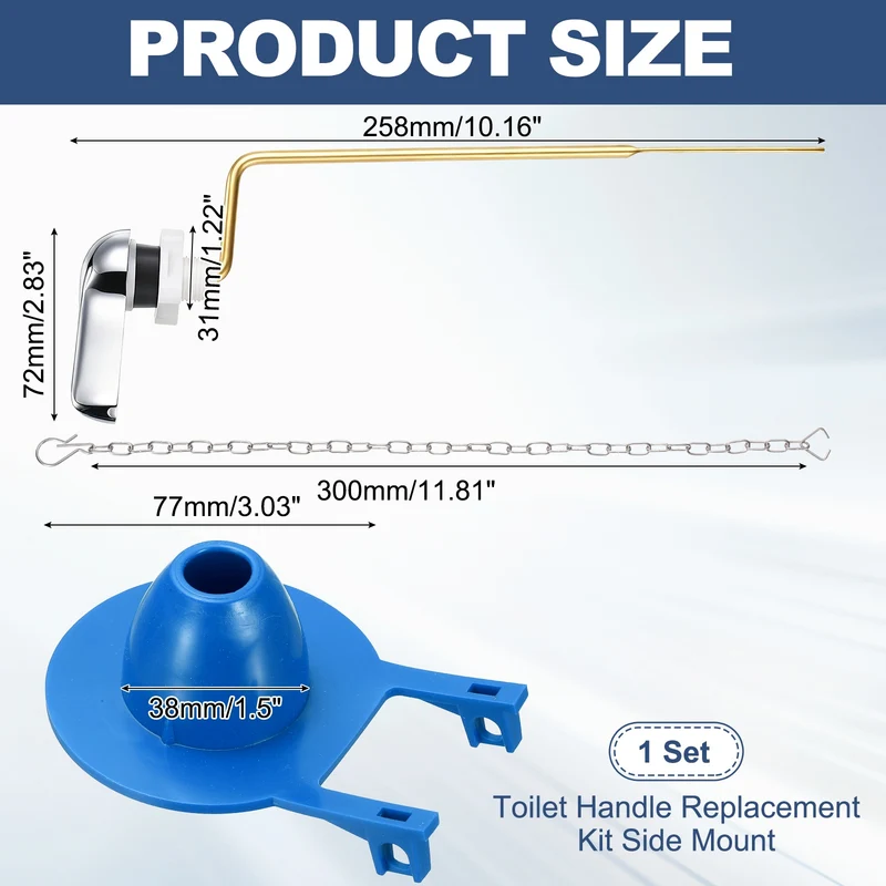 Toilet Handle Replacement Kit Side Mount Zinc Alloy, 77mm Flapper, Blue