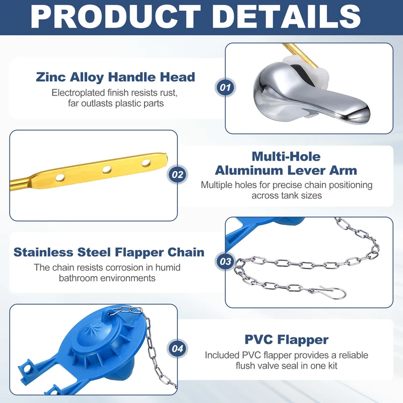 Toilet Handle Replacement Kit Side Mount Zinc Alloy, 77mm Flapper, Blue