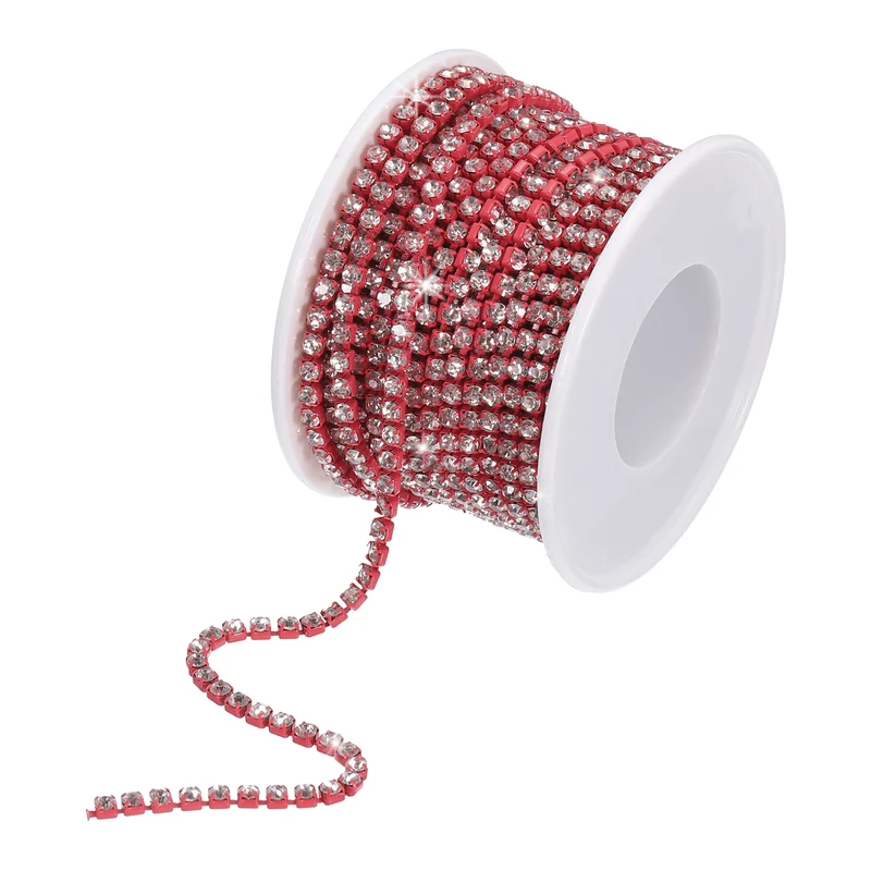 10 Yard 3mm Crystal Rhinestone Chain Trim White Gems Red Base
