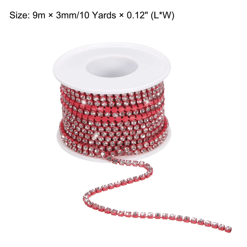10 Yard 3mm Crystal Rhinestone Chain Trim White Gems Red Base