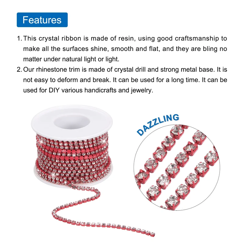 10 Yard 3mm Crystal Rhinestone Chain Trim White Gems Red Base