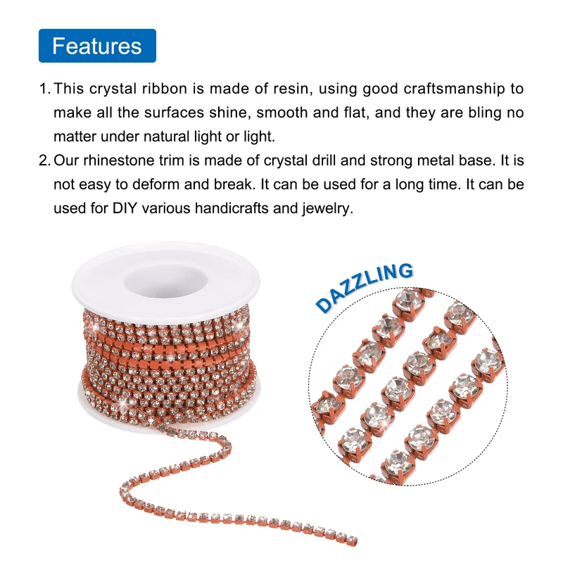 10 Yard 3mm Crystal Rhinestone Chain Trim White Gems Orange Base