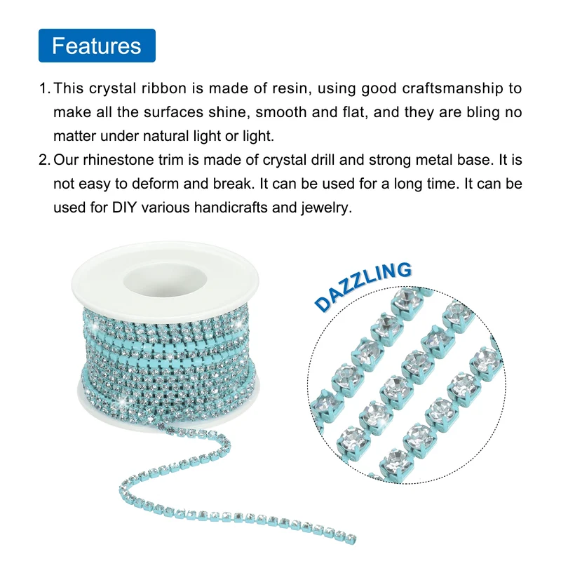 10 Yard 3mm Crystal Rhinestone Chain Trim White Gems Blue Base