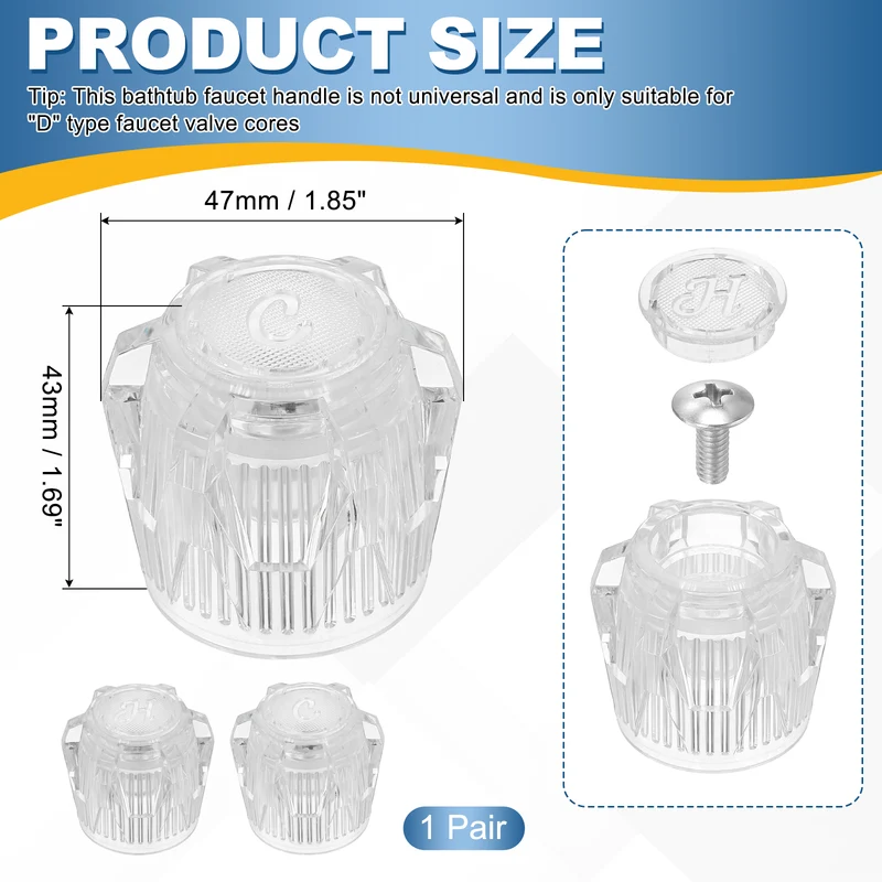 1 Pair Bathtub Faucet Handles 1.85"x 1.69" Clear Acrylic