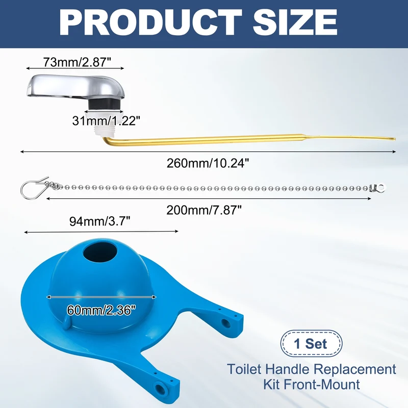 Toilet Handle Replacement Kit Front Mount Zinc Alloy, 94mm Flapper, Blue