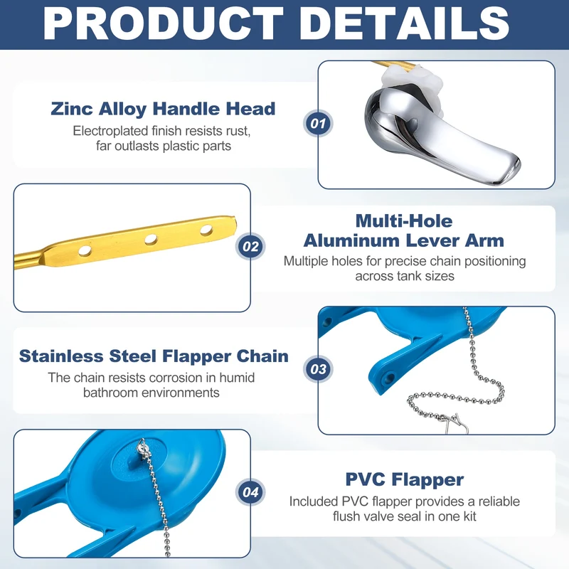 Toilet Handle Replacement Kit Front Mount Zinc Alloy, 94mm Flapper, Blue