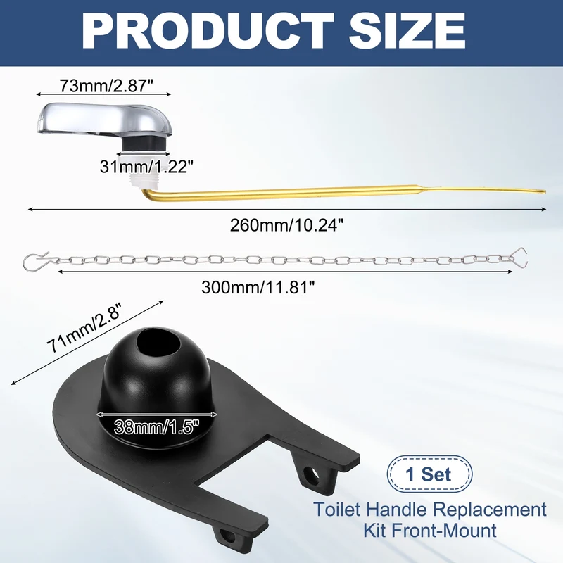 Toilet Handle Replacement Kit Front Mount Zinc Alloy, 71mm Flapper, Black