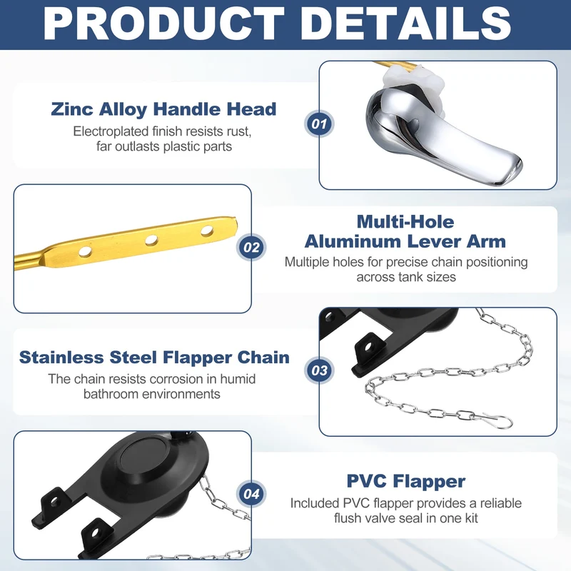 Toilet Handle Replacement Kit Front Mount Zinc Alloy, 71mm Flapper, Black