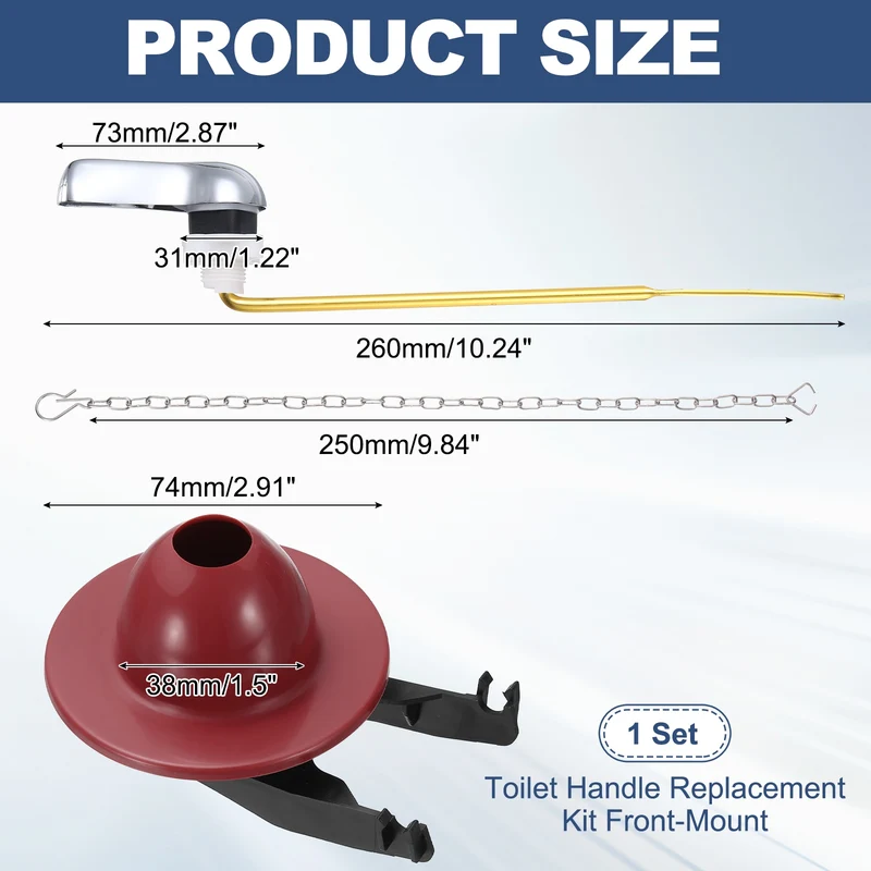 Toilet Handle Replacement Kit Front Mount Zinc Alloy, 74mm Flapper, Red Black