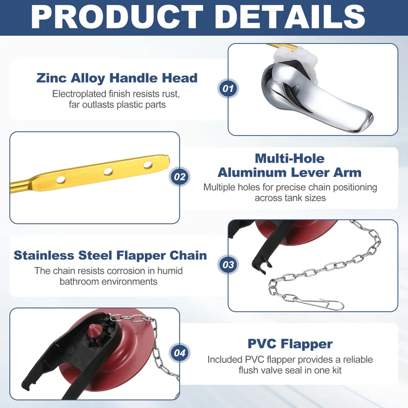 Toilet Handle Replacement Kit Front Mount Zinc Alloy, 74mm Flapper, Red Black