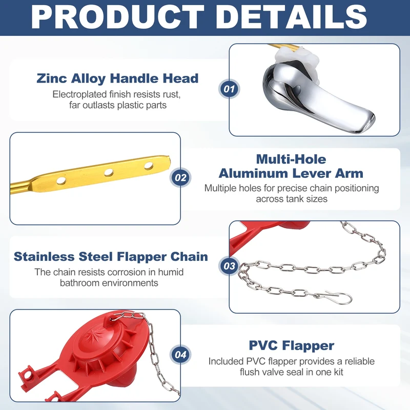 Toilet Handle Replacement Kit Front Mount Zinc Alloy, 77mm Flapper, Red