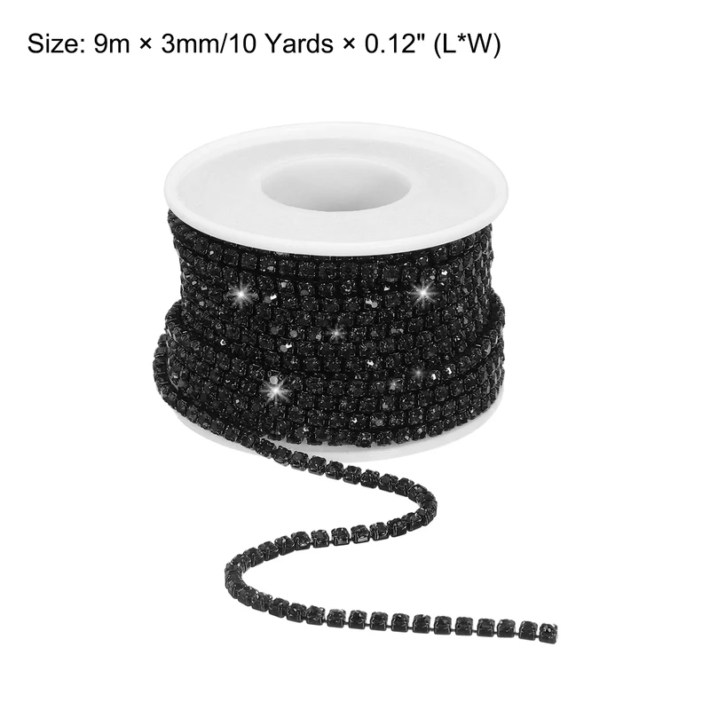 10 Yard 3mm Crystal Rhinestone Chain Trim Black Gems Black Base