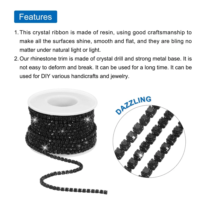 10 Yard 3mm Crystal Rhinestone Chain Trim Black Gems Black Base