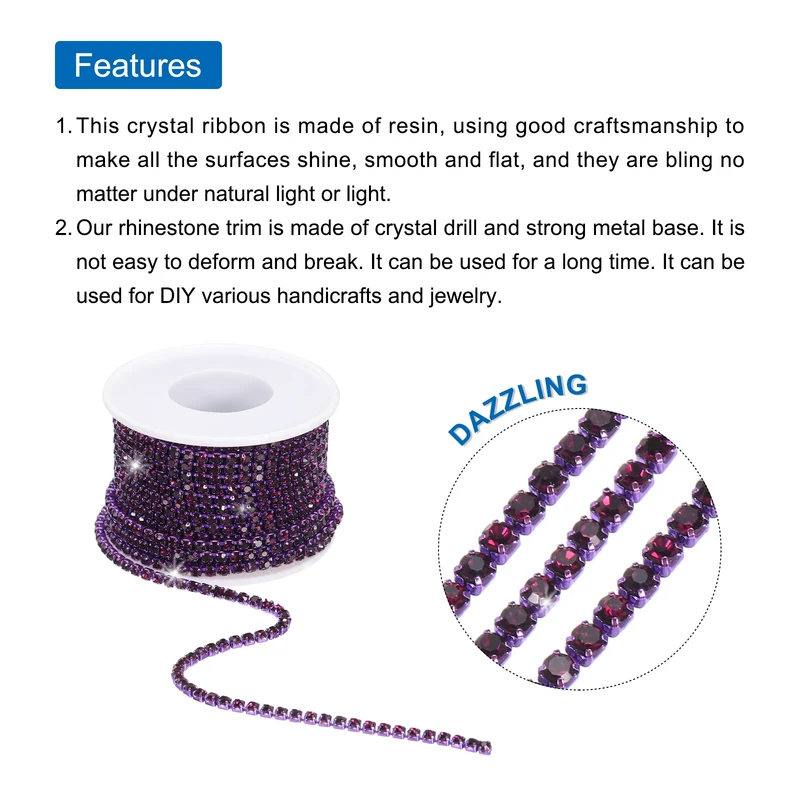 10 Yard 3mm Crystal Rhinestone Chain Trim Purple Gems Purple Base