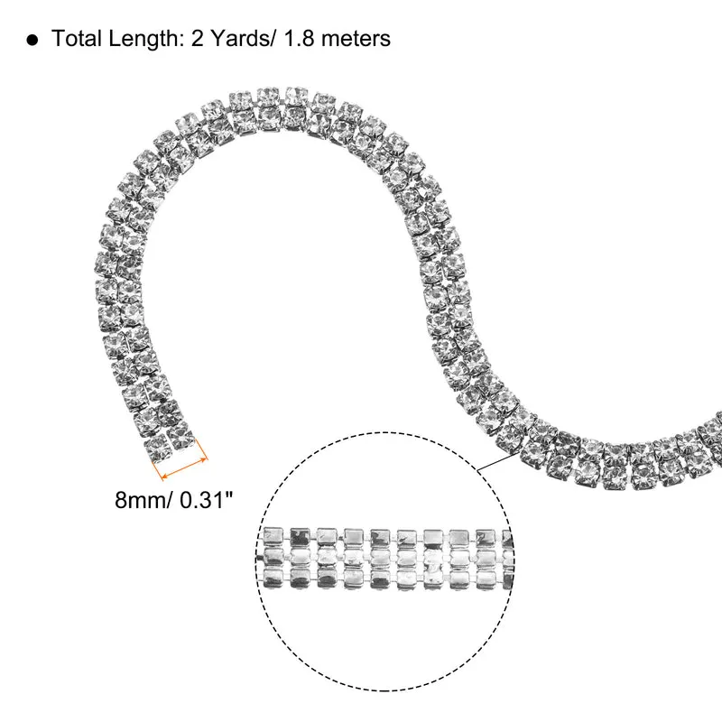 2 Yards 2 Rows 4mm Rhinestone Chain, 8mm Crystal Chain Trim(Silver)
