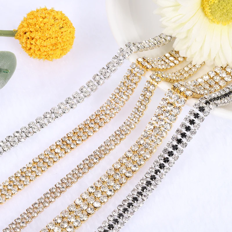 2 Yards 2 Rows 4mm Rhinestone Chain, 8mm Crystal Chain Trim(Silver)