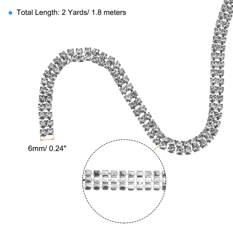 2 Yards 2 Rows 3mm Rhinestone Chain, 6mm Crystal Chain Trim(Silver)
