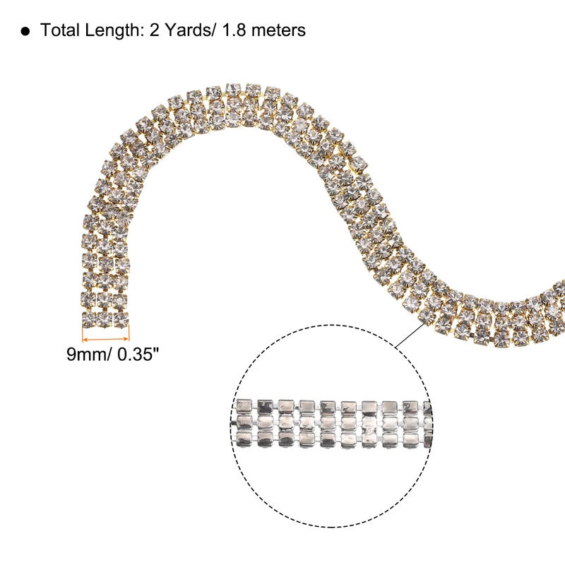 2 Yards 3 Rows 3mm Rhinestone Chain, 9mm Crystal Chain Trim(Golden, White)