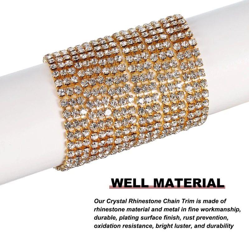 2 Yards 3 Rows 3mm Rhinestone Chain, 9mm Crystal Chain Trim(Golden, White)
