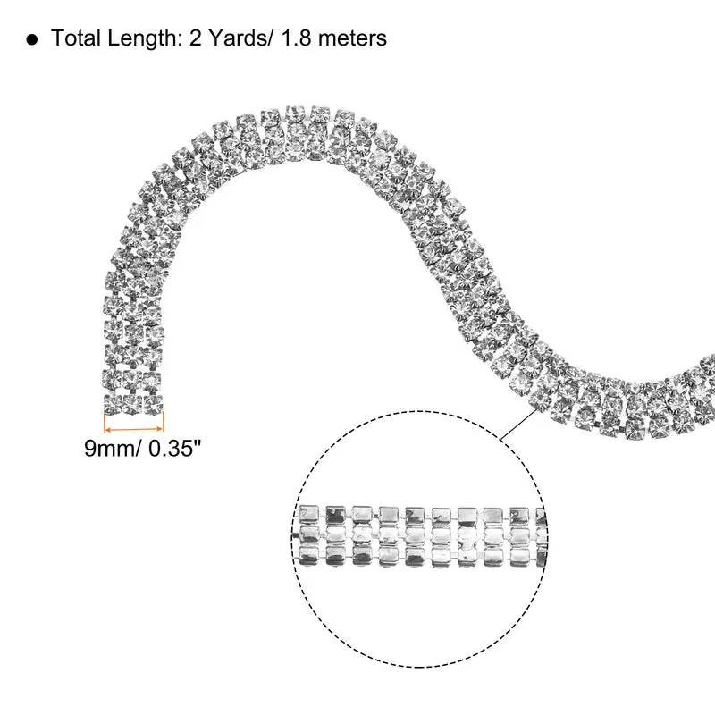 2 Yards 3 Rows 3mm Rhinestone Chain, 9mm Crystal Chain Trim(Silver)