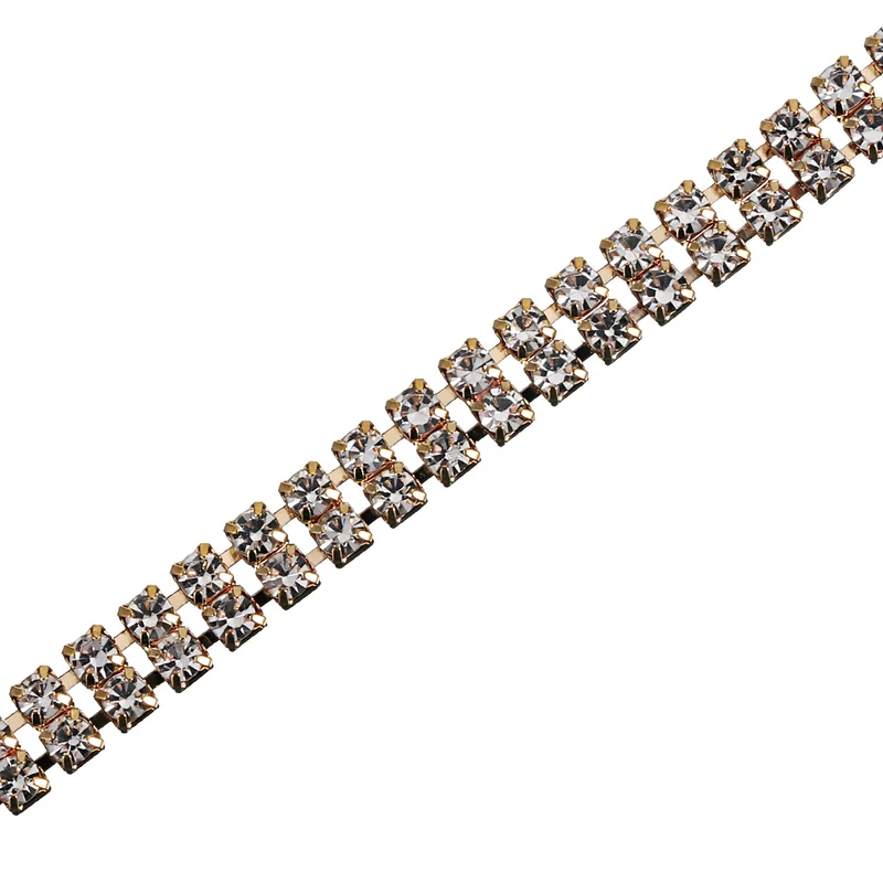 1 Yard 2 Rows 3mm Rhinestone Chain, 6mm Crystal Chain Trim(Golden, White)