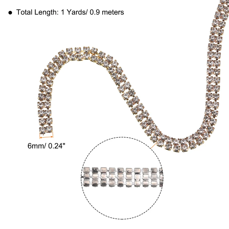 1 Yard 2 Rows 3mm Rhinestone Chain, 6mm Crystal Chain Trim(Golden, White)